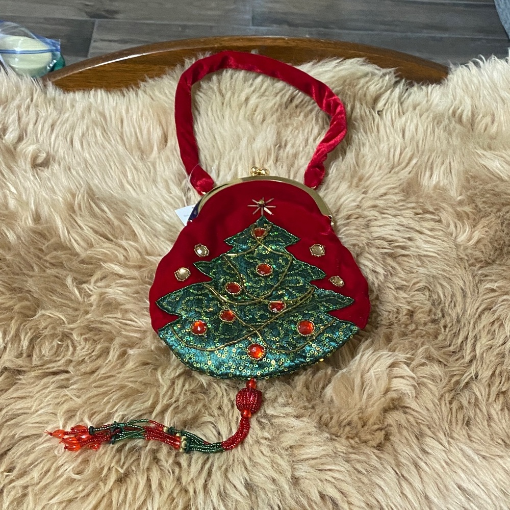 Beaded Red and Green Christmas Tree Handbag, NWT